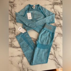 Gymshark Flex Leggings & L/S Crop Top in Atlas Blue Marl, size small